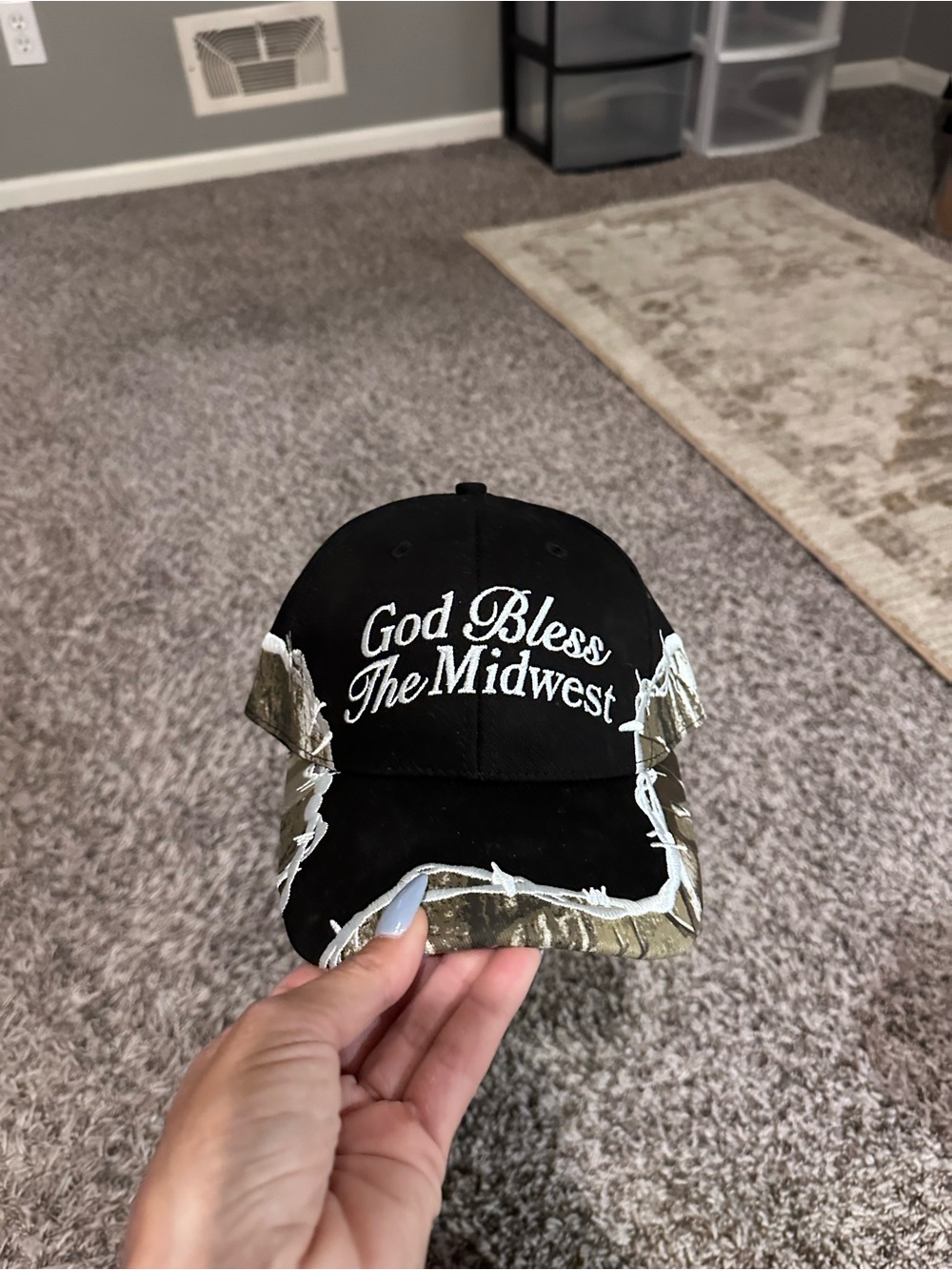 God Bless The Midwest Black Baseball Cap with Camo Trim